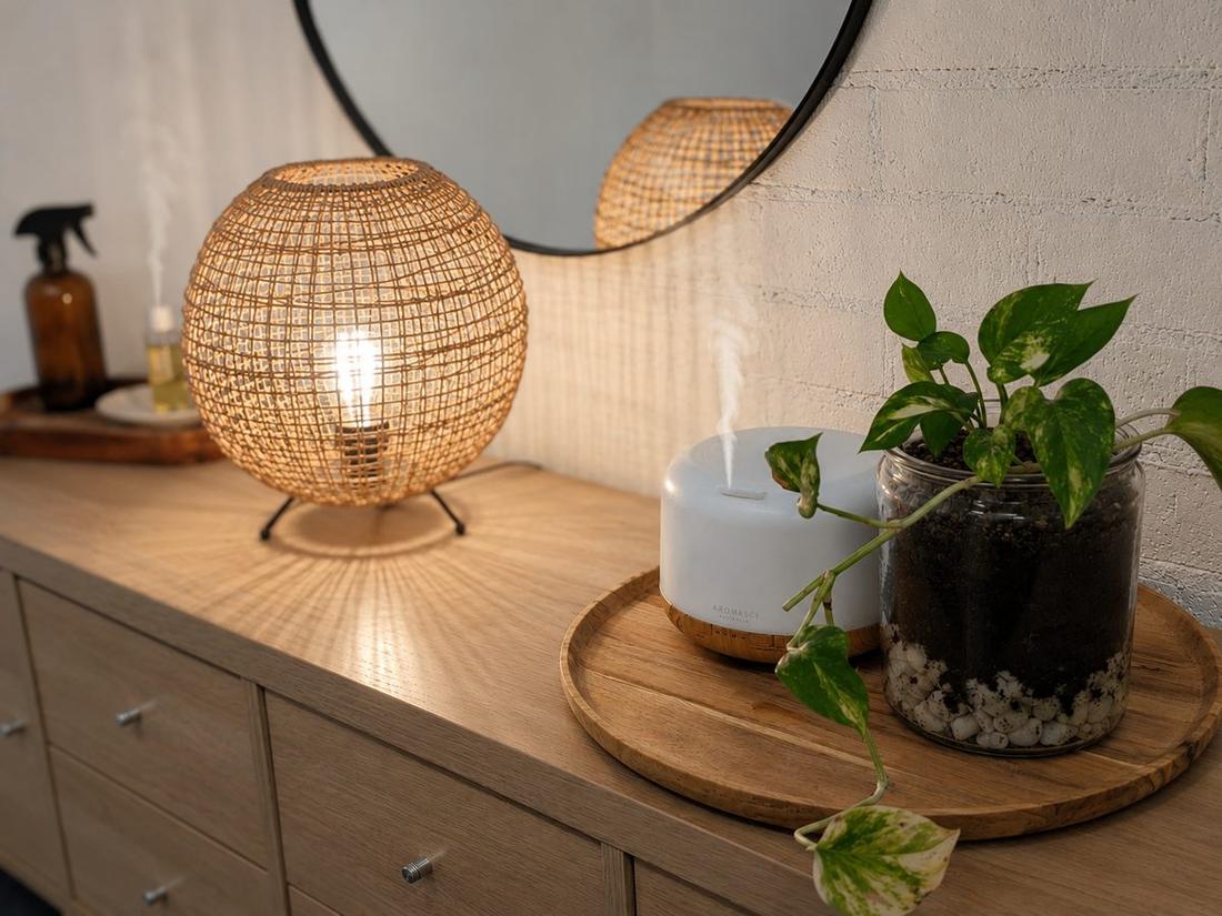 Our massage room — lamp and mirror