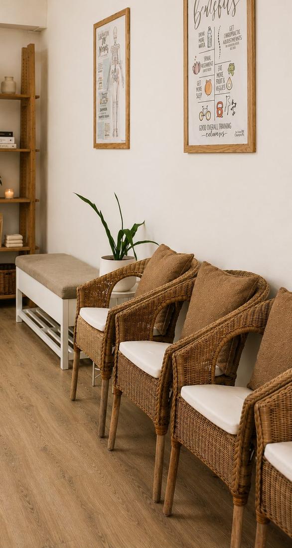Our welcoming waiting area — wicker chairs and bench